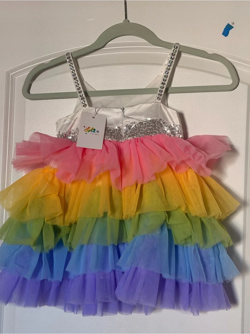 Lola + The Boys White Rainbow Tulle Dress with Silver Sequin Bow
